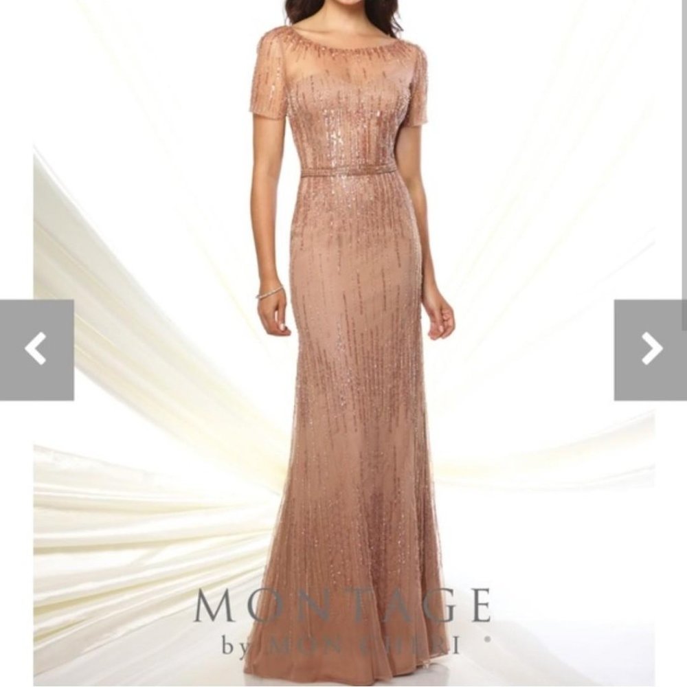 Montage by Mon Cheri Dark Taupe beaded gown
